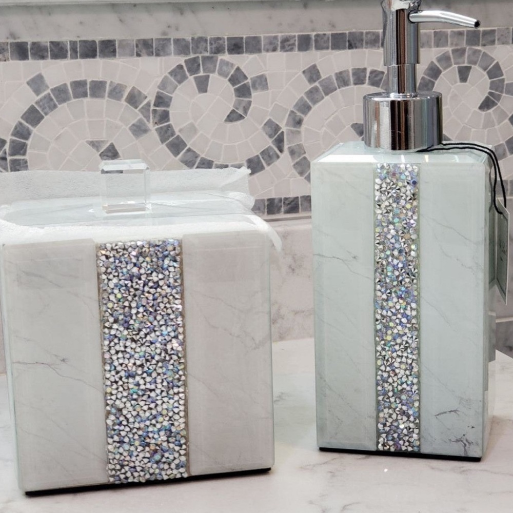 Bella Lux Bathroom Faux Marble Bling Soap Pump Dispenser Qtip/Cotton Ball Holder